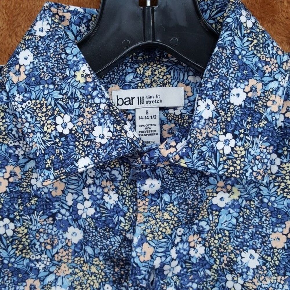 Bar III Dress Shirt Mens Size 14 14.5 Blue Floral Slim Fit Stretch Untucked